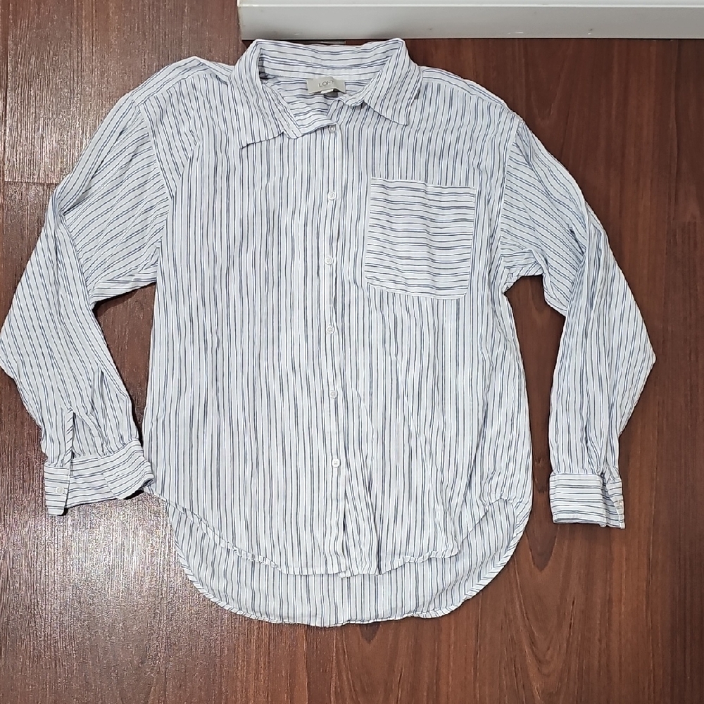 LOFT White and Blue Striped Casual Shirt